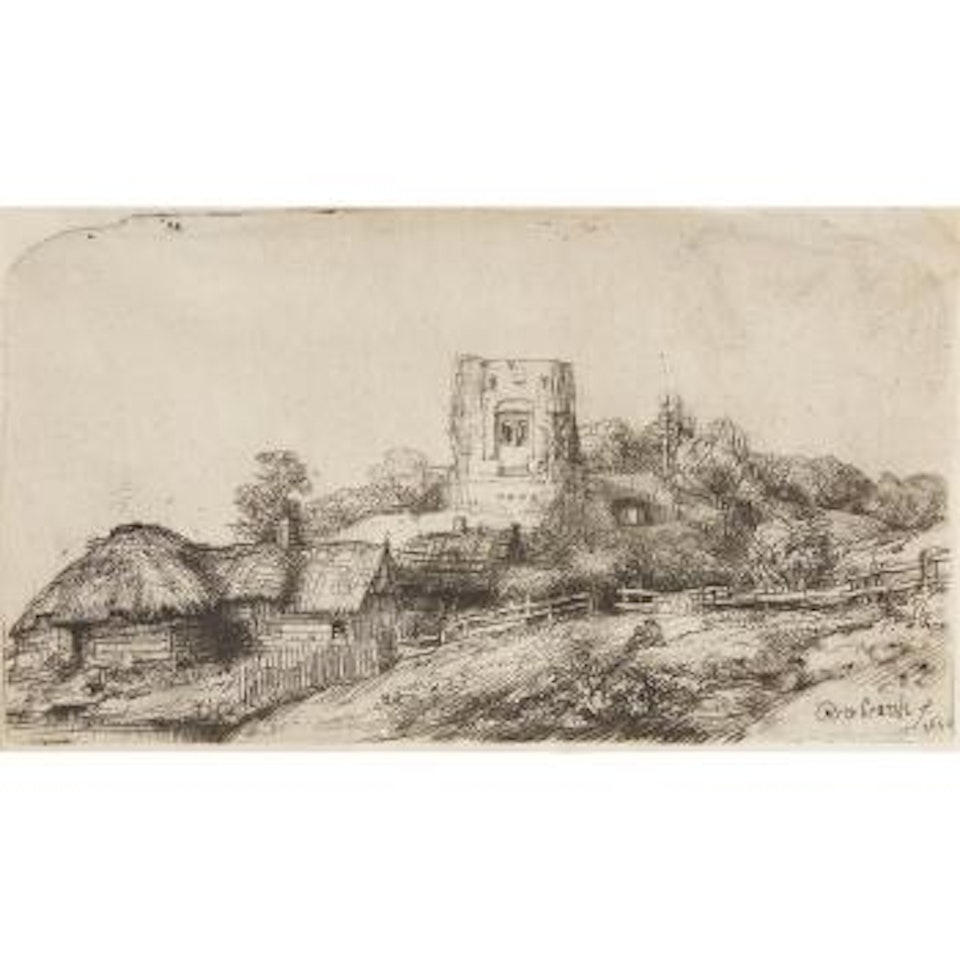 Landscape With A Square Tower by Attributed to Rembrandt Harmensz van Rijn