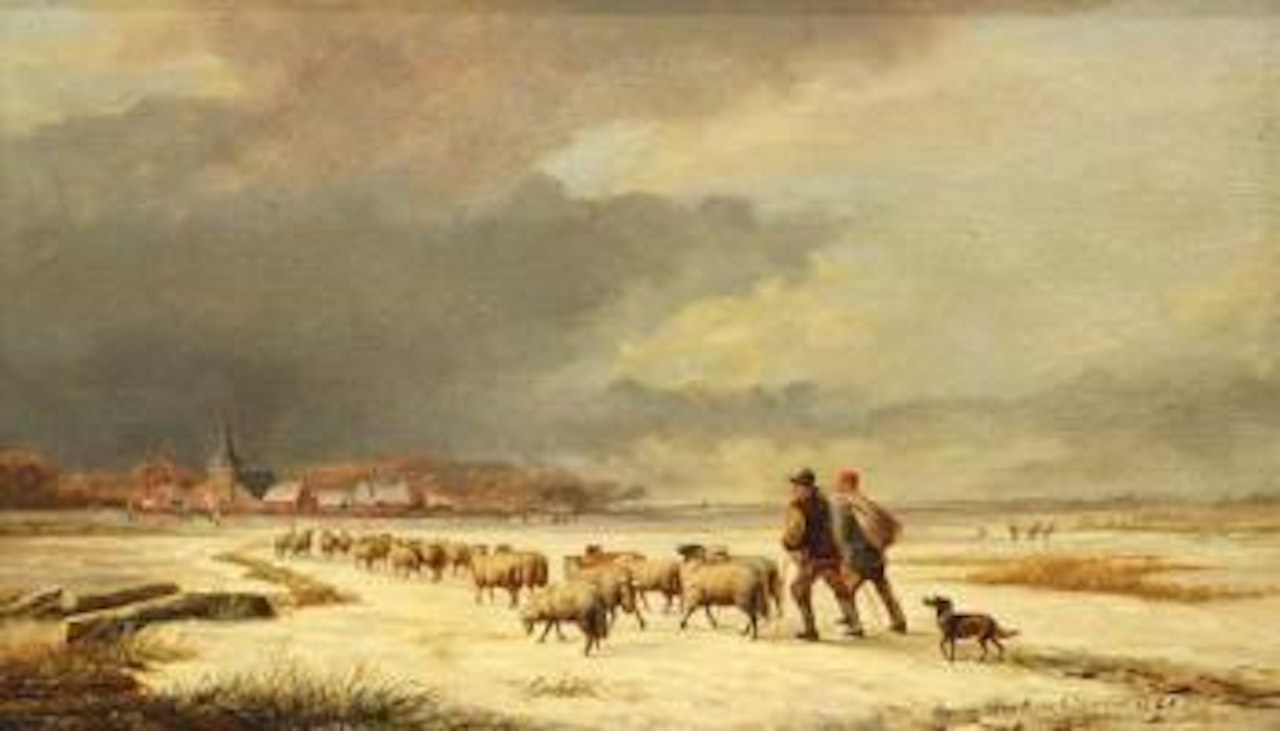 Winter scene with figures and sheep by Eugène Joseph Verboeckhoven