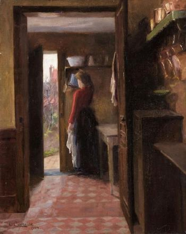 Frau in der Küche mit offener Tür zum Garten by Leon Comerre