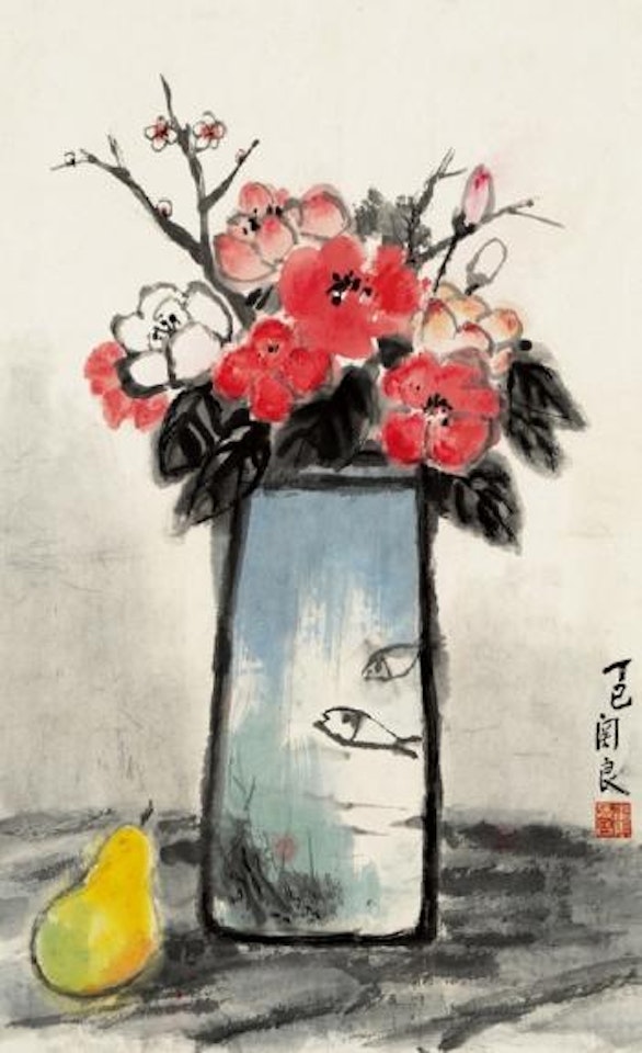 Vased flower and pear by Guan Liang