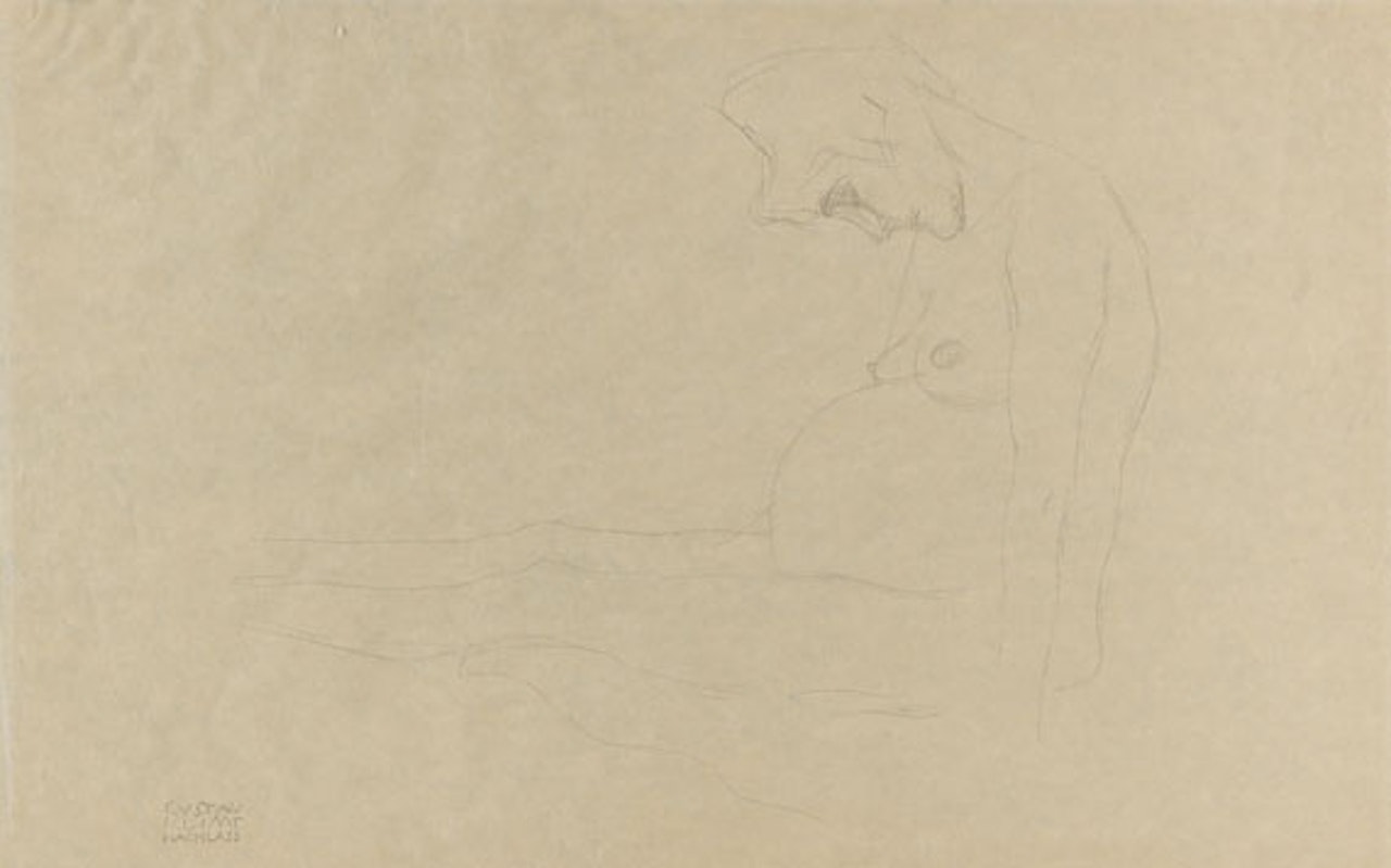 Mit ausgestreckten Beinen nach links sitzende nackte Schwangere, Studie zu "Hoffnung II" by Gustav Klimt