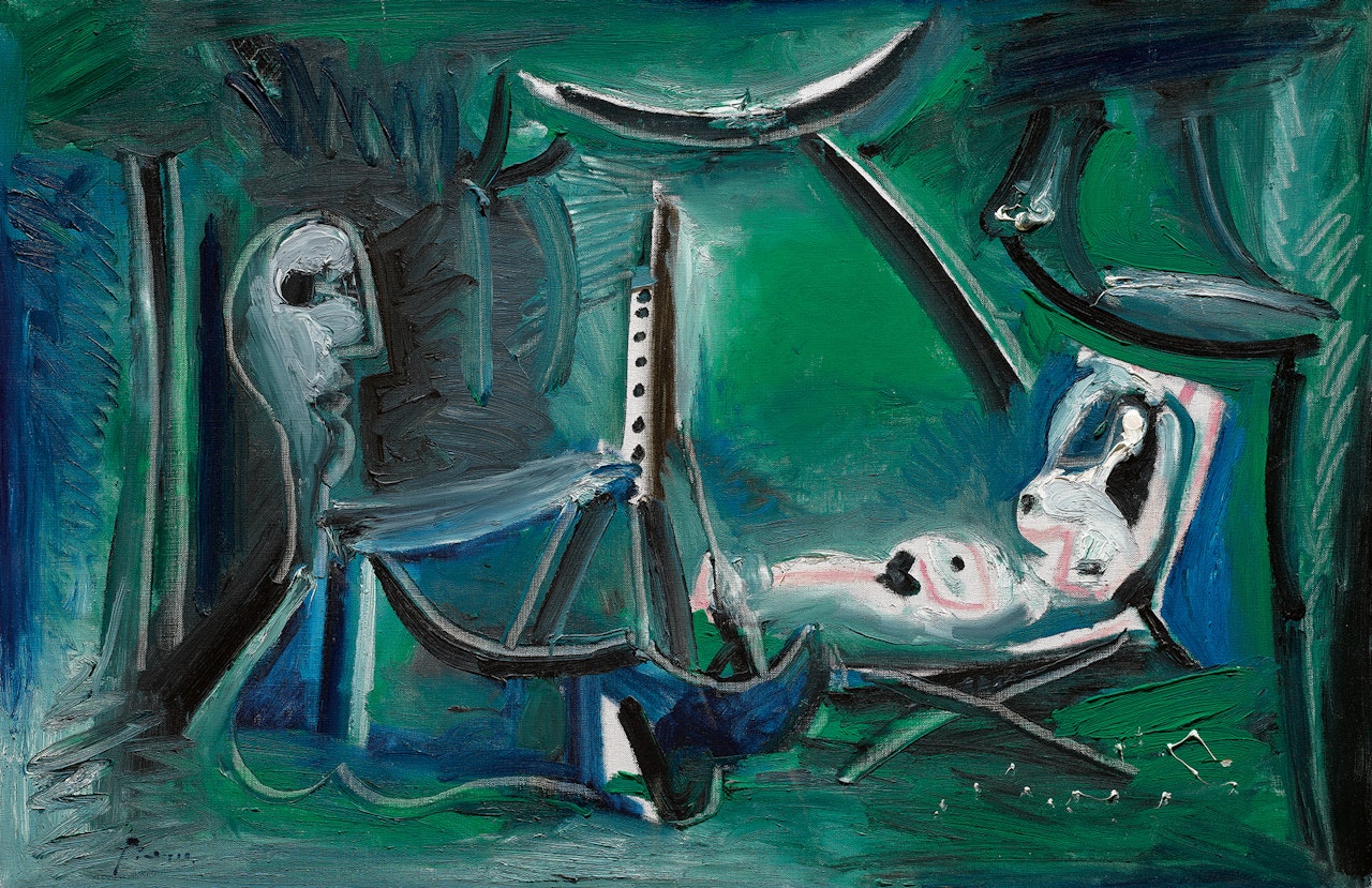 LE PEINTRE ET SON MODÈLE DANS UN PAYSAGE by Pablo Picasso