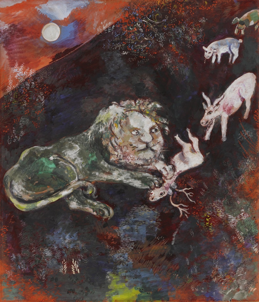 LA GÉNISSE, LA CHÈVRE ET LA BREBIS EN SOCIÉTÉ AVEC LE LION (FABLES DE LA FONTAINE) by Marc Chagall