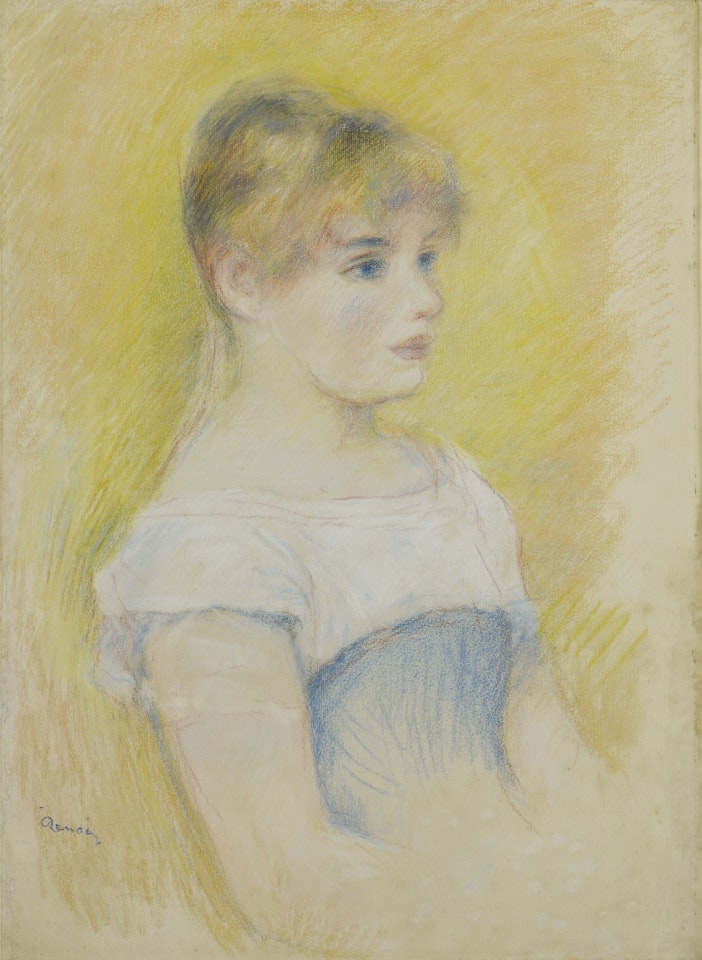 FILLE AU CORSET BLEU (UNE BLONDE AUX YEUX BLEUS, VUE DE TROIS QUARTS SUR UN FOND JAUNE) by Pierre-Auguste Renoir