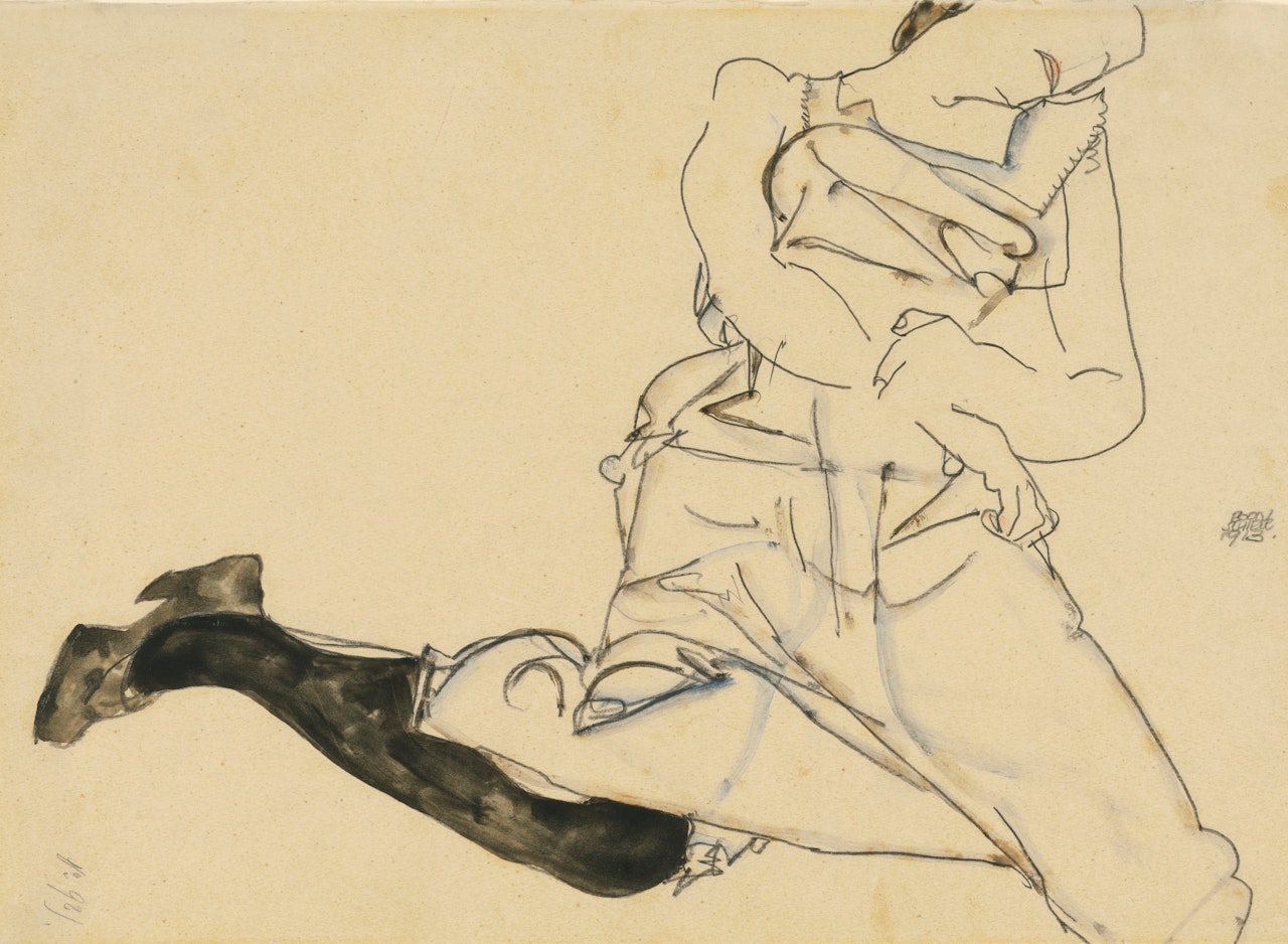 LIEGENDES MÄDCHEN MIT SCHWARZEN STRÜMPFEN (RECLINING GIRL WITH BLACK STOCKING) by Egon Schiele