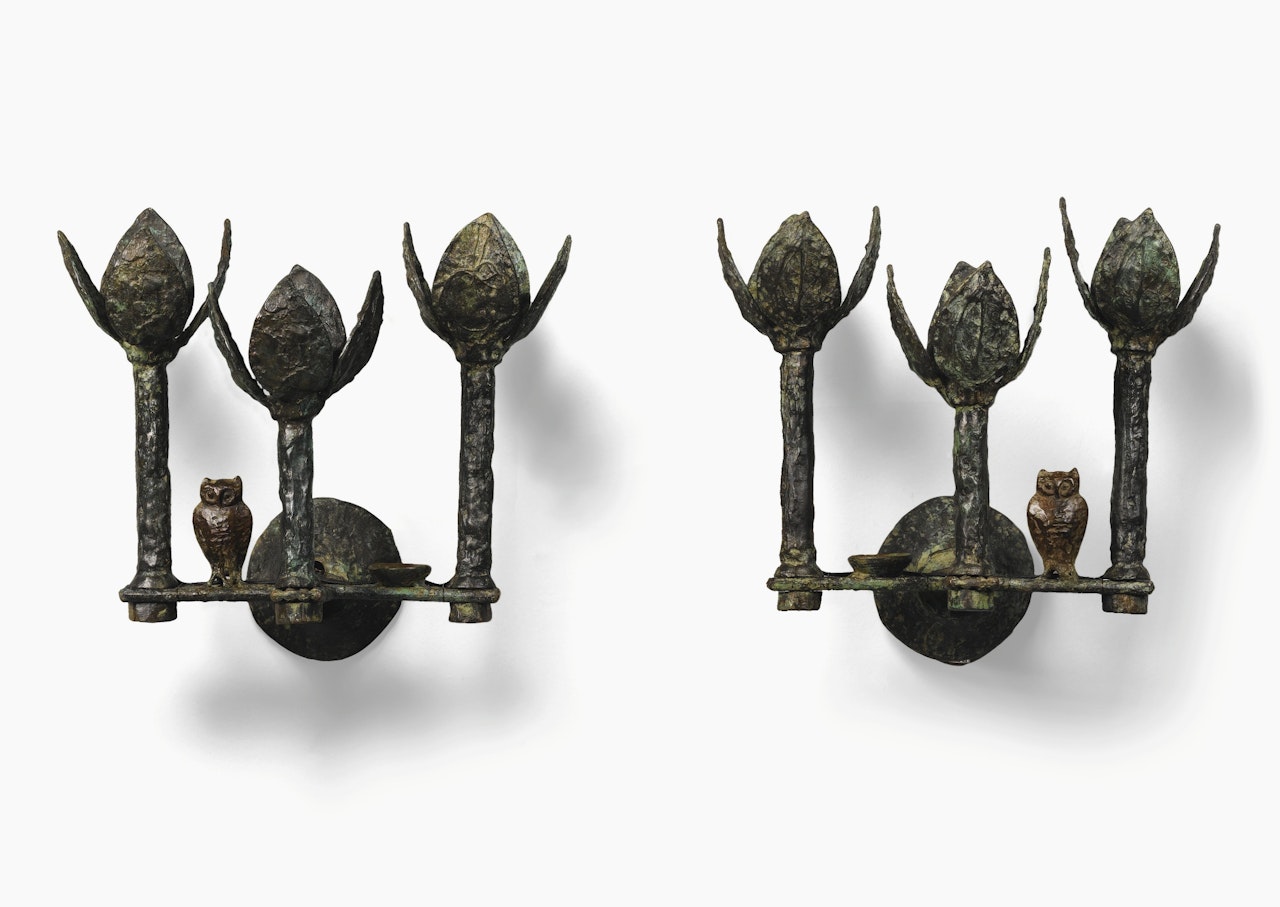 PAIR OF AU HIBOU ET COUPE WALL SCONCES by Diego Giacometti