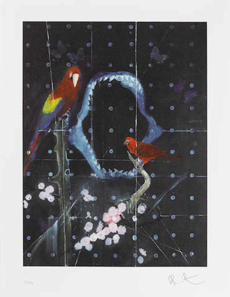 Red Bird and Parrot with Shark Jaw by Damien Hirst