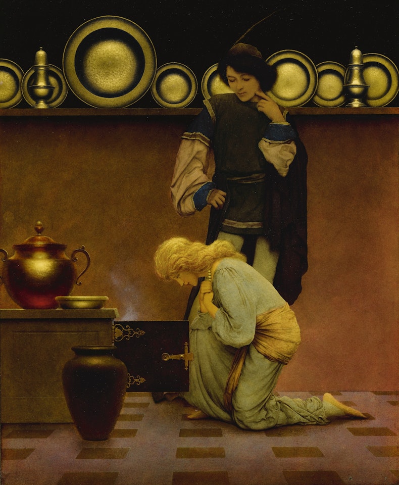 LADY VIOLETTA AND THE KNAVE OF HEARTS OPEN THE OVEN DOOR TO SEE IF THE TARTS ARE DONE by Maxfield Parrish
