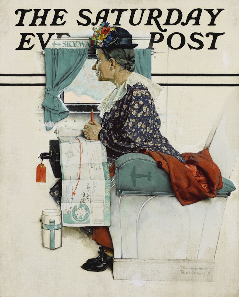 FIRST FLIGHT (OLD WOMAN RIDING AIRPLANE) by Norman Rockwell