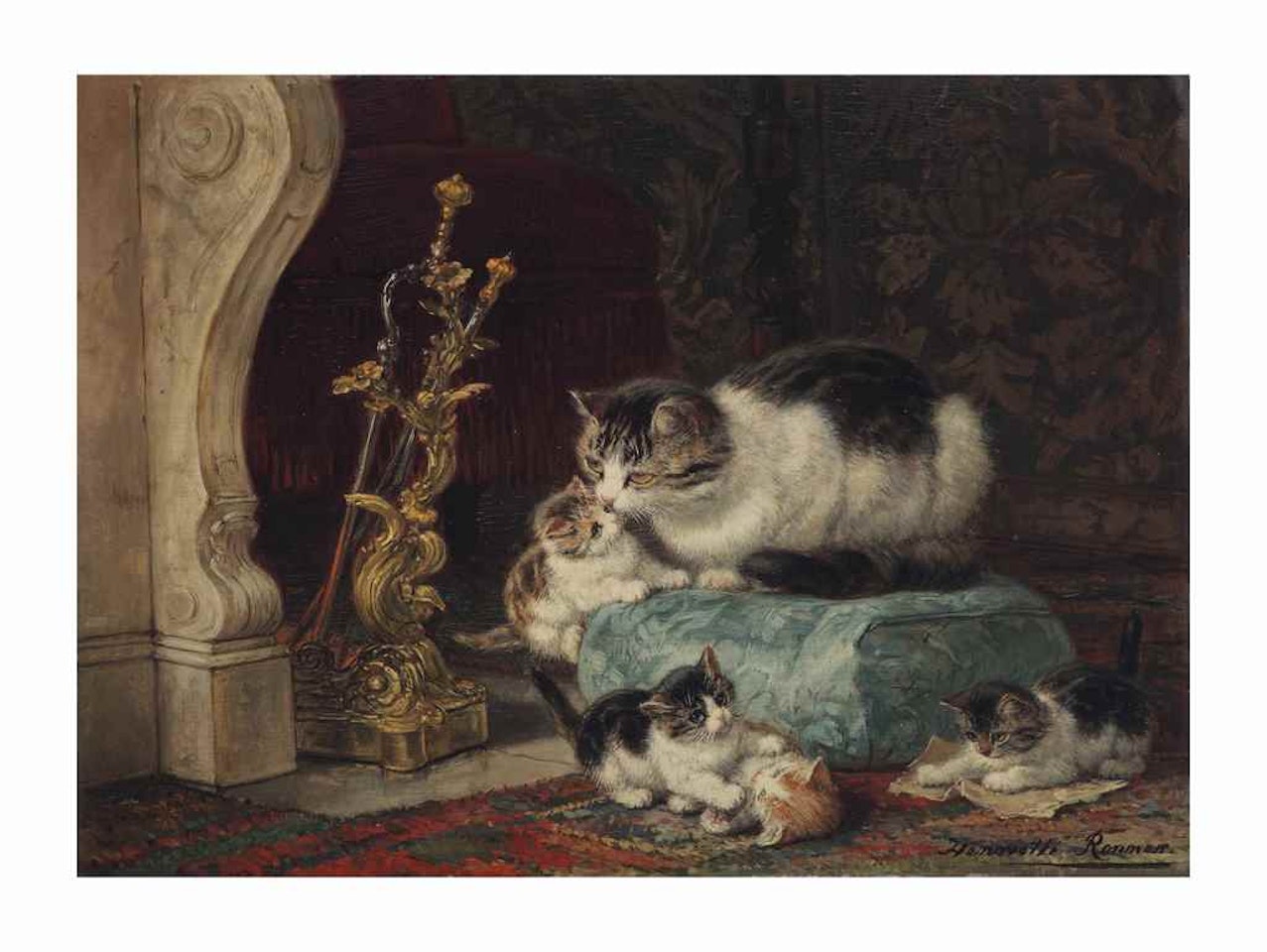 Playful kittens near a fire place by Henriette Ronner-Knip