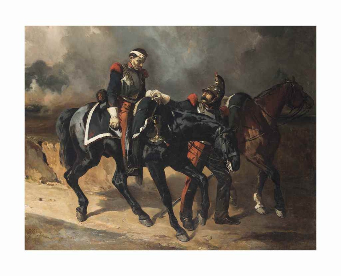 Cuirassier blessé et cuirrassier tenant la bride de son cheval by Alfred de Dreux