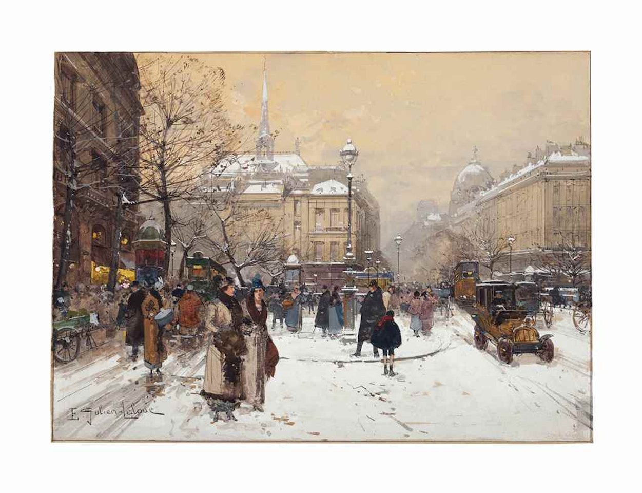La place St. Michel sous la neige, Paris by Eugene Galien-Laloue
