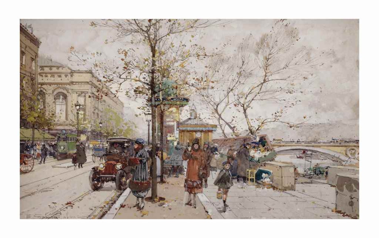 A busy day on the quay Mégisserie with the Sarah-Bernhardt Theater, Paris by Eugene Galien-Laloue
