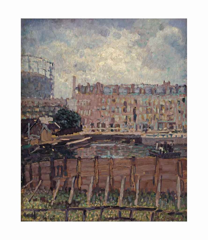 The ferry at the Kostverlorenkade, the gassholder of the Westergasfabriek in the background, Amsterdam by Jan Sluyters