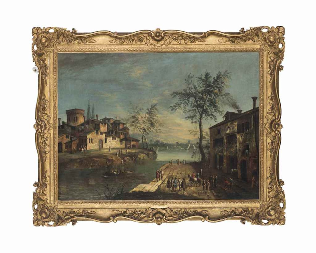 A harbour scene with figures conversing on a quay, with a village and mountains beyond by Michele Marieschi