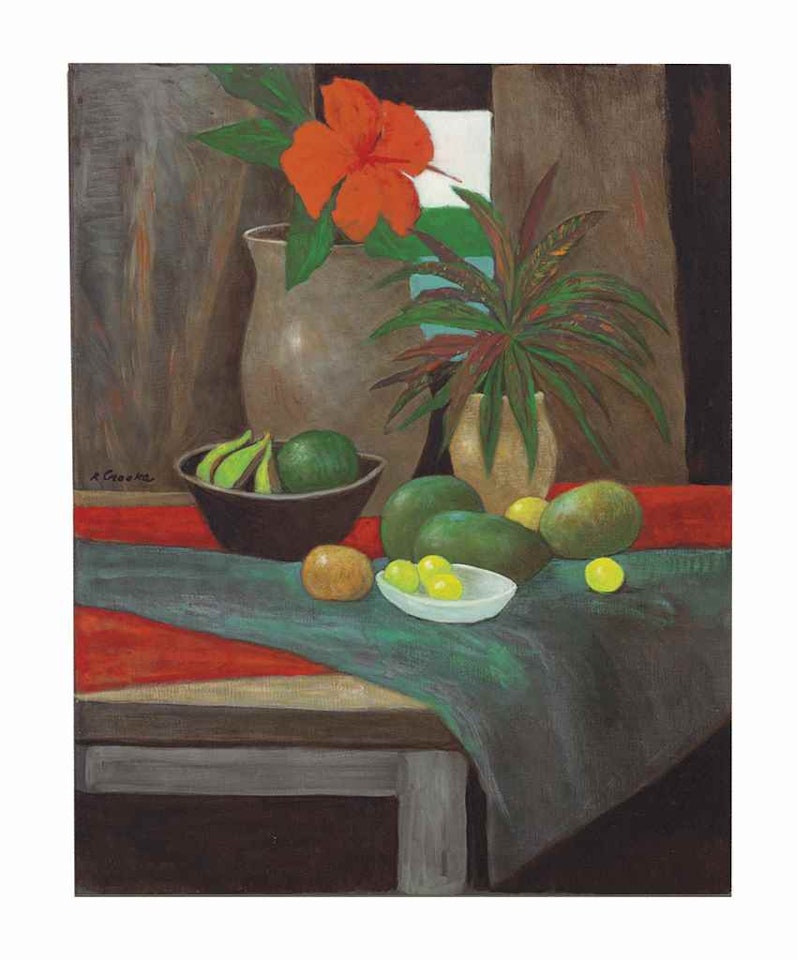 Still life with fruit and flowers on a table by Ray Austin Crooke