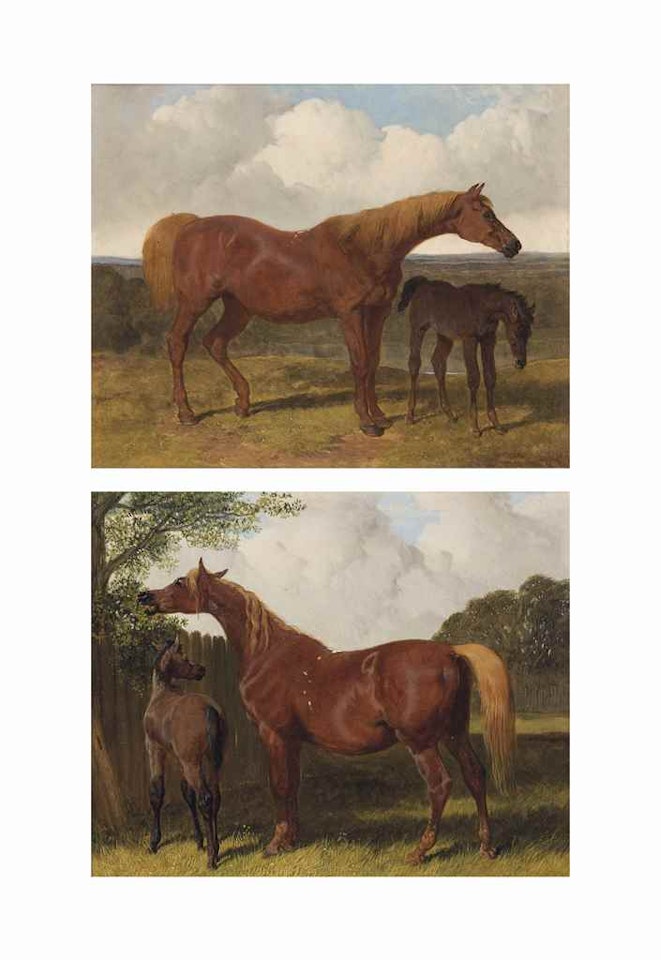 Chestnut mare and foal in an extensive landscape; and Chestnut mare and foal grazing by John Frederick Herring