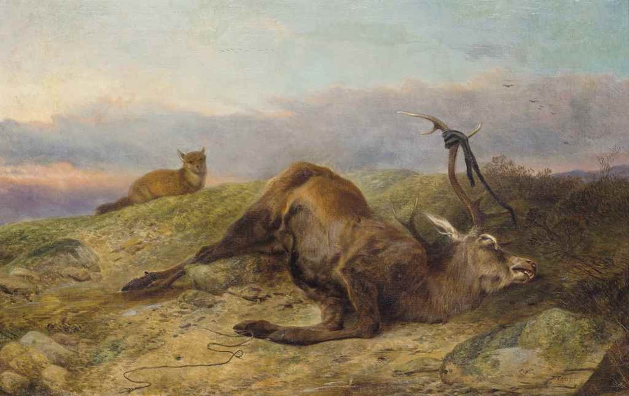 Dead stag with a fox in a field by Richard Ansdell