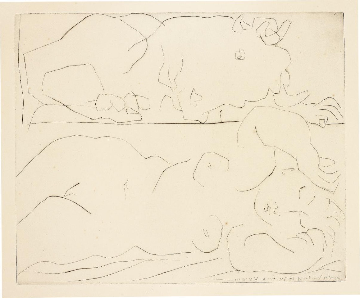 Minotaure contemplant amoureusement une dormeuse (Minotaur Tenderly Admiring a Sleeping Woman) by Pablo Picasso