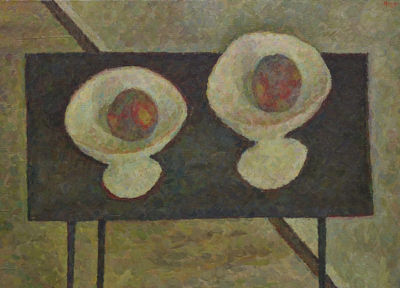TWO VASES WITH PEACHES ON A DARK TABLE by Vladimir Weisberg