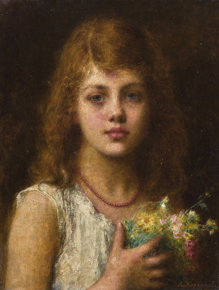 PORTRAIT OF A GIRL HOLDING FLOWERS by Alexei Harlamoff