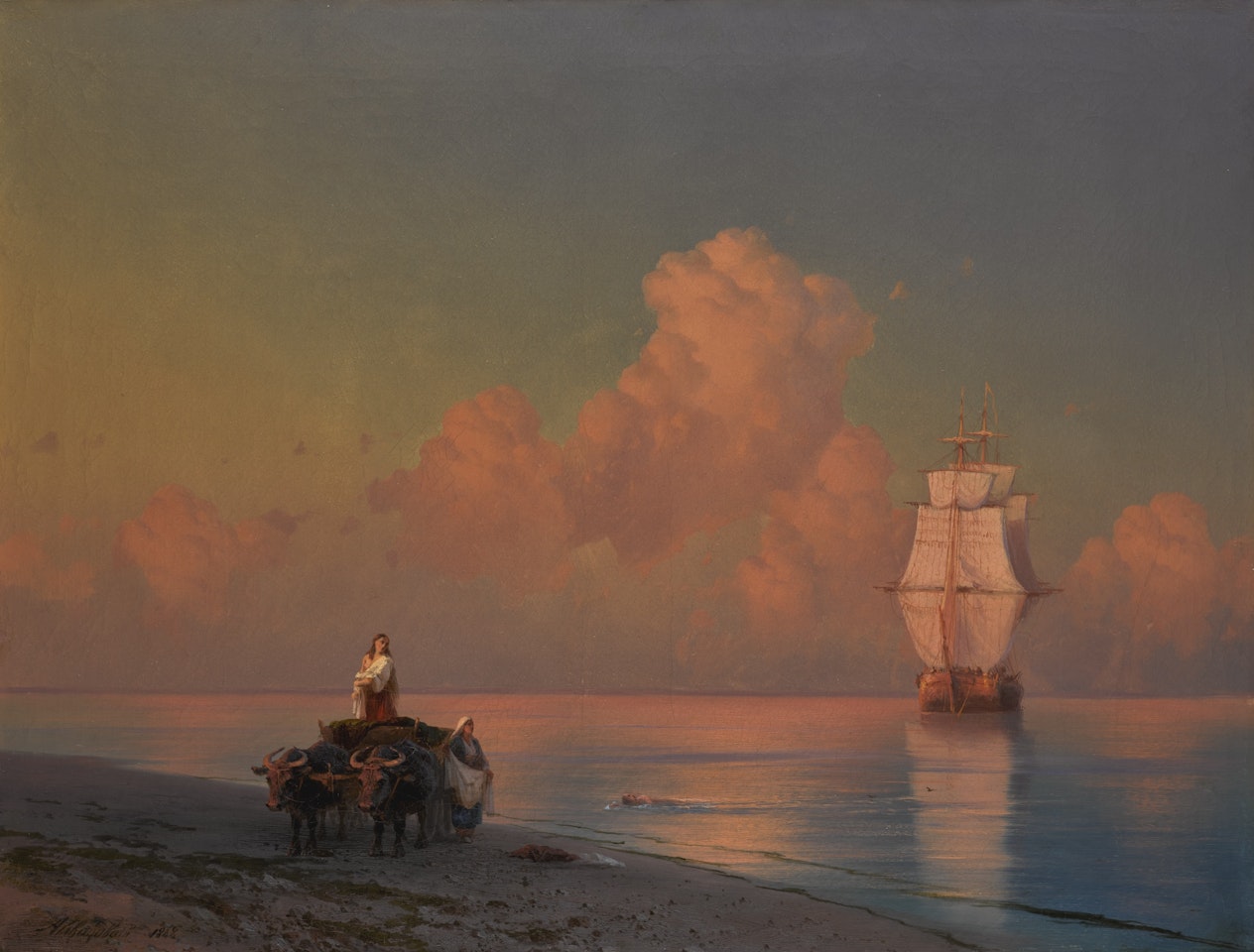 AN OX-DRAWN CART ON THE SHORE AND A SWIMMER IN THE SHALLOWS  by Ivan Konstantinovich Aivazovsky