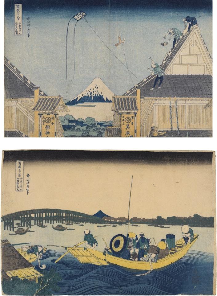 THE MITSUI SHOP IN SURUGA IN EDO' AND 'VIEWING THE SUNSET OVER THE RYOGOKU BRIDGE FROM ONMAGAYASHI', FROM THE SERIES 'THIRTY-SIX VIEWS OF MOUNT FUJI' by Katsushika Hokusai