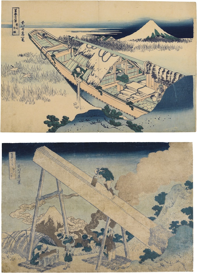 USHIBORI IN HITACHI PROVINCE' AND 'FUJI IN THE MOUNTAIN OF TOTOMI', FROM THE SERIES THIRTY-SIX VIEWS OF MOUNT FUJI by Katsushika Hokusai