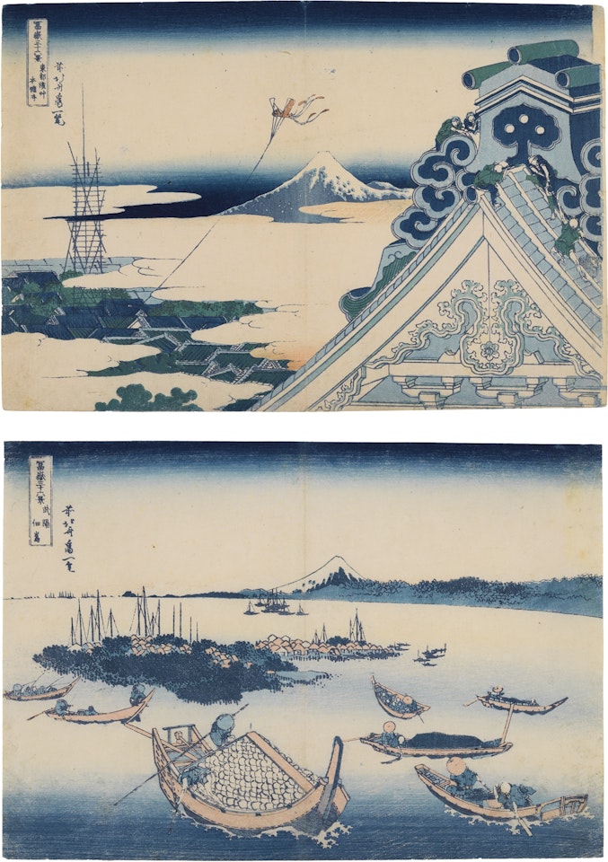 HONGAN-JI TEMPLE AT ASAKUSA IN EDO' AND 'TSUKUDA ISLAND IN MUSASHI PROVINCE', FROM THE SERIES THIRTY-SIX VIEWS OF MOUNT FUJI by Katsushika Hokusai