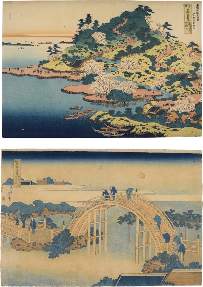 TENPOZAN AT THE MOUTH OF THE AJI RIVER IN SETTSU PROVINCE' AND 'DRUM BRIDGE AT KAMEIDO TENJIN SHRINE', FROM THE SERIES RARE VIEWS OF BRIDGES IN VARIOUS PROVINCES by Katsushika Hokusai