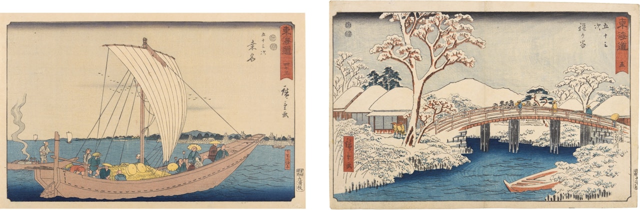 HODOGAYA' AND 'KUWANA', FROM THE SERIES THE FIFTY THREE STATIONS OF TŌKAIDŌ ROAD, REISHO SERIES by Utagawa Hiroshige