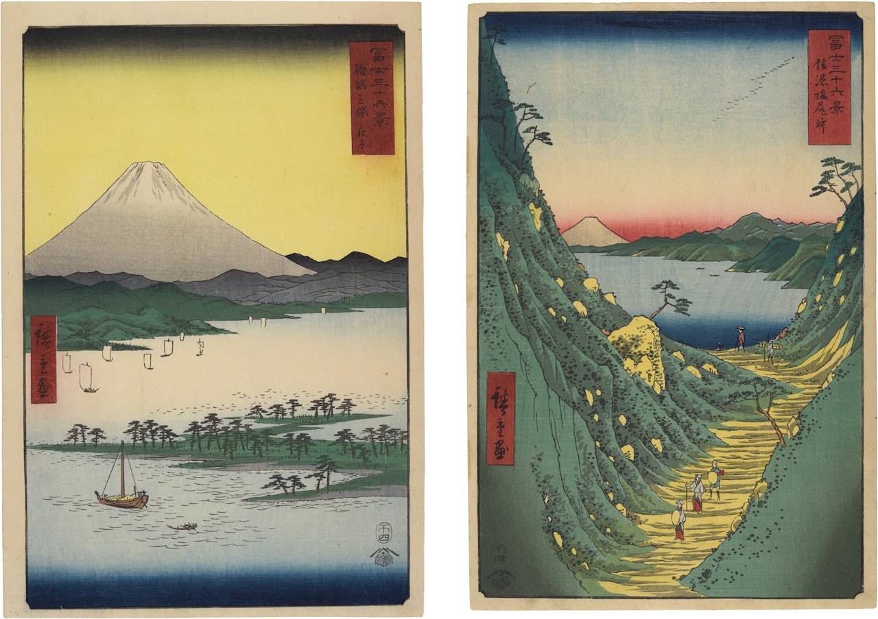 THE PINE FOREST OF MIHO IN SURUGA PROVINCE' AND 'SHIOJIRI PASS ABOVE LAKE SUWA IN SHINANO PROVINCE', FROM THE SERIES THIRTY-SIX VIEWS OF MOUNT FUJI by Utagawa Hiroshige