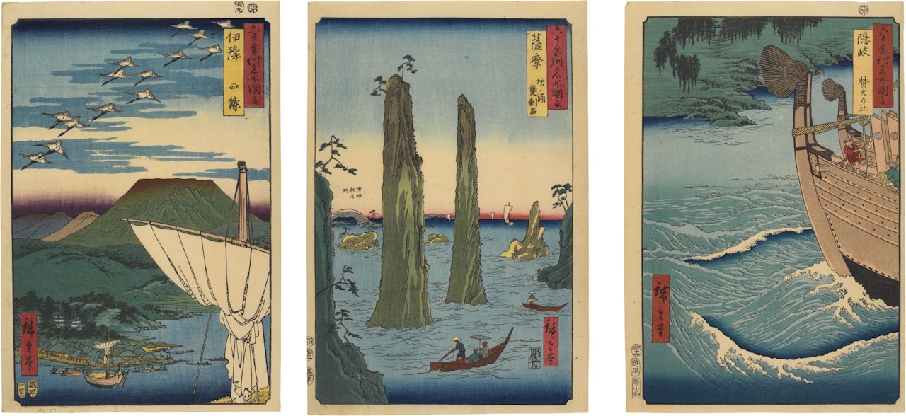 TAKUHI SHRINE, OKI PROVINCE', 'SAIJO, IYO PROVINCE', AND 'BO BAY, THE TWO-SWORD ROCKS, SATSUMA PROVINCE', FROM THE SERIES FAMOUS VIEWS OF THE SIXTY ODD PROVINCES by Utagawa Hiroshige