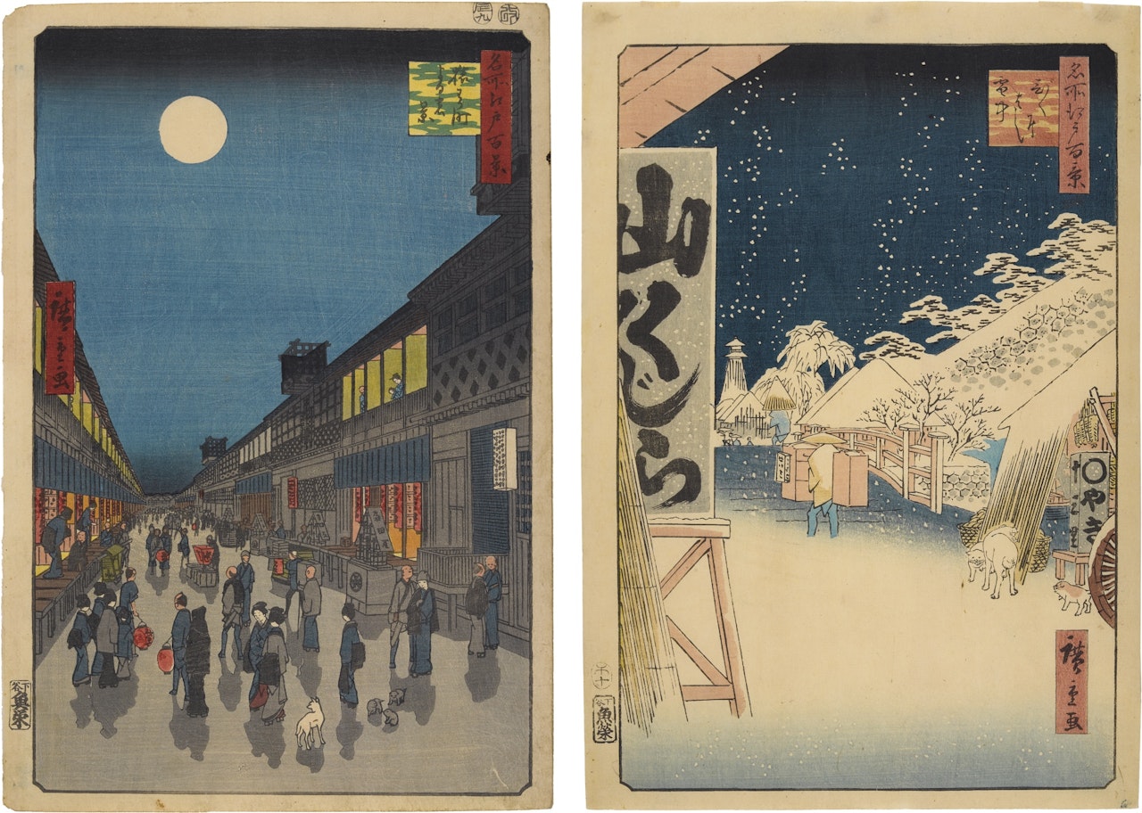 THE NIGHT VIEW OF SARUKAWA-MACHI' AND 'BIKUNI BRIDGE IN SNOW', FROM THE SERIES ONE HUNDRED FAMOUS VIEWS OF EDO by Utagawa Hiroshige