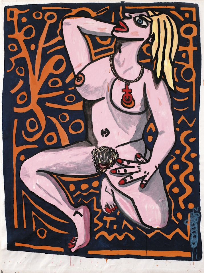 JEUNE FEMME À LA TAPISSERIE ORINGE QUI SE POSE EN MODÈLE DE PEINTURE by Robert Combas