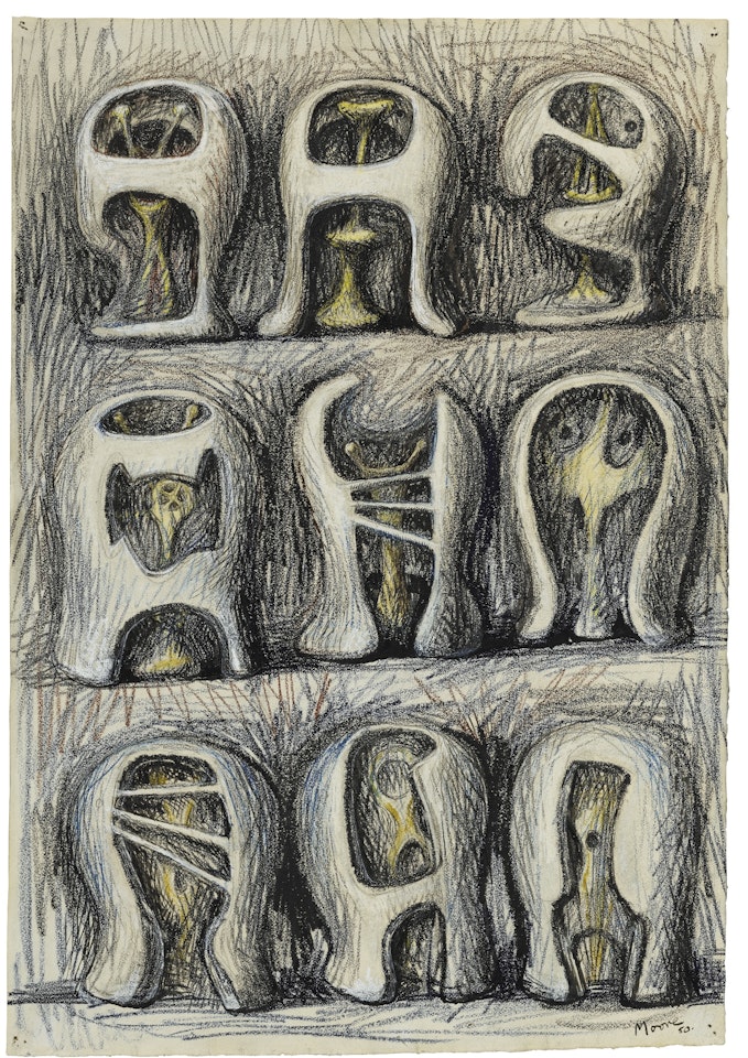 NINE HELMET HEADS by Henry Moore