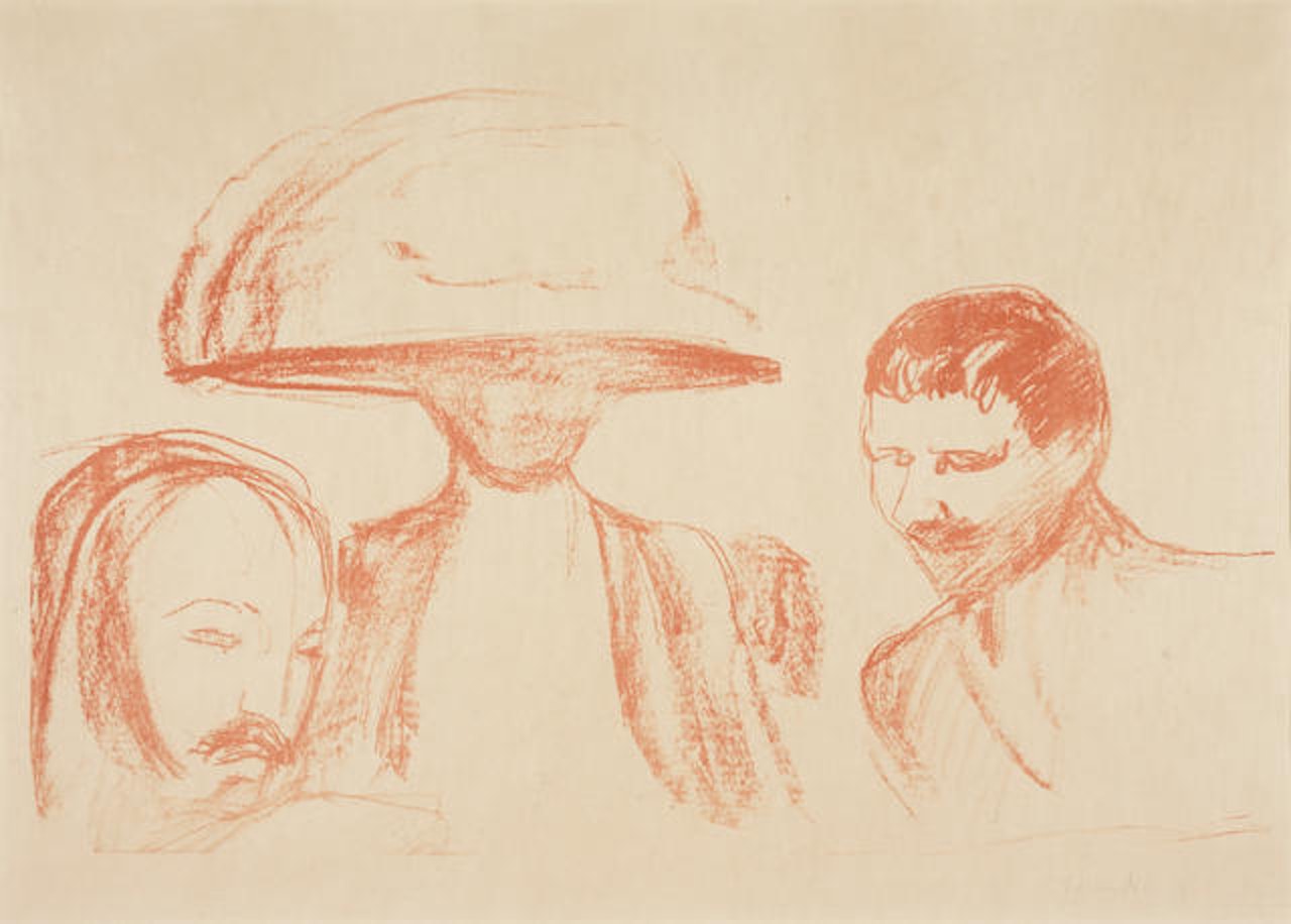 Two Men and Woman with Large Hat by Edvard Munch