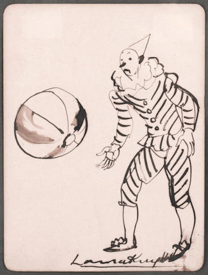 Theatre scene sketch; Clown playing a saxaphone; A clown with ball (3) by Laura Knight