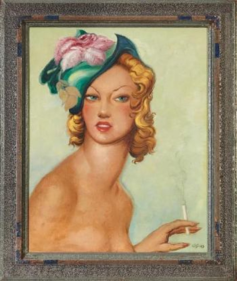 Portrait de femme blonde à la cigarette et au chapeau by Jean Gabriel Domergue
