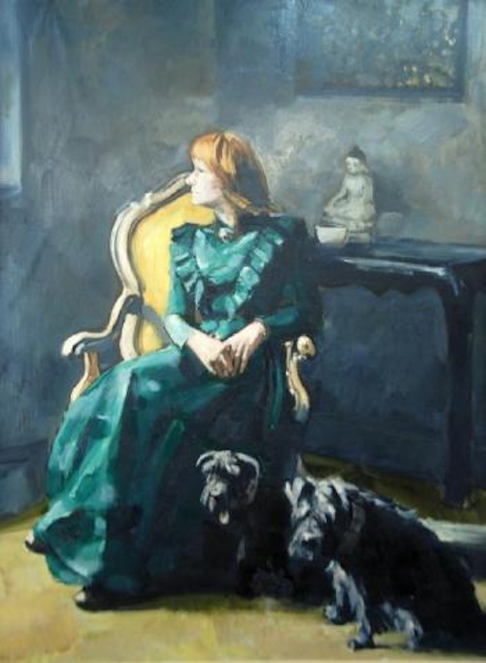 Lady seated with two dogs by Harold Riley