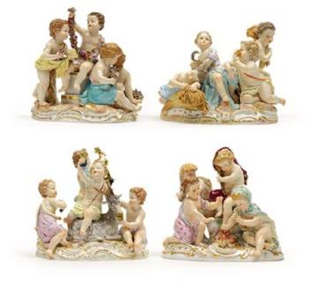 Spring: the children holding floral garland and flowers, the base with a basket of flowers, Summer: the children on sheaves of corn, holding ears of corn and scythe, 1 sleeping (...) by Johann Joachim Kändler