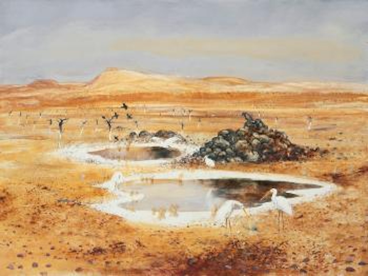 Landscape with waterhole and herons, near Alice springs by Arthur Merric Bloomfield Boyd