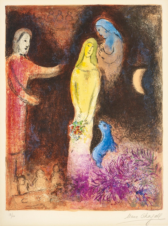 Chloé vêtue et coiffée par Cléariste (Chloe Dressed and Capped by Cleariste), pl.38 from Daphnis et Chloé by Marc Chagall