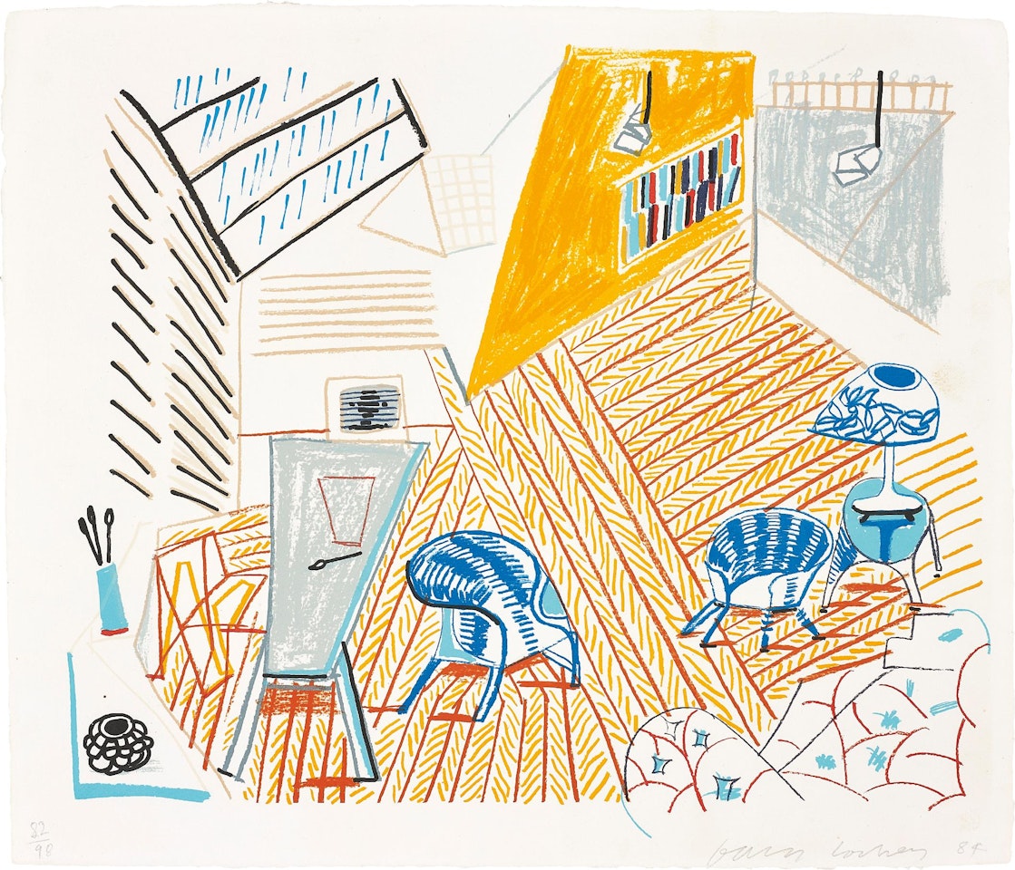 Pembroke Studio with Blue Chairs and Lamp, from The Moving Focus Series by David Hockney