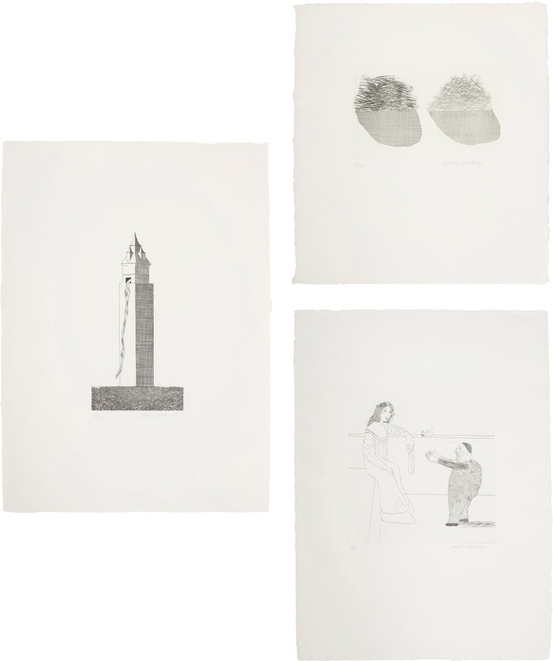 The Tower Had One Window; Straw on the Left, Gold on the Right; and Pleading for the Child, plates 16, 36 and 37 from Illustrations for Six Fairy Tales from the Brothers Grimm by David Hockney