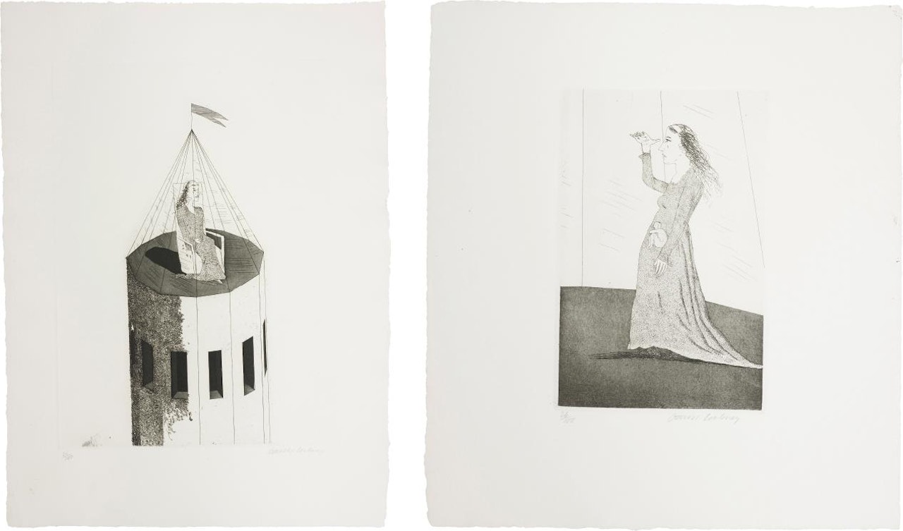 The Princess in Her Tower; and The Princess Searching, plates 2 and 5 from Illustrations for Six Fairy Tales from the Brothers Grimm by David Hockney