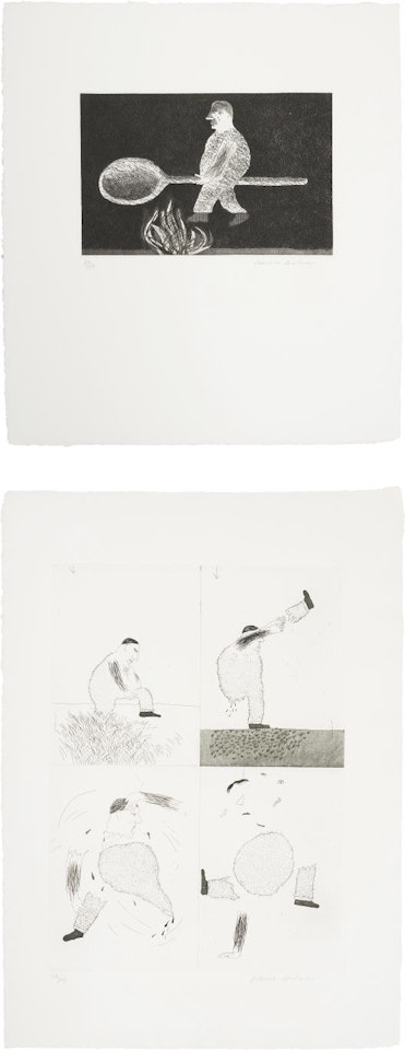 Riding around on a Cooking Spoon; and He Tore Himself in Two, plates 38 and 39 from Illustrations for Six Fairy Tales from the Brothers Grimm by David Hockney