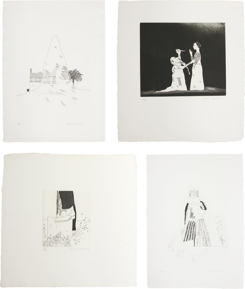 The Glass Mountain; Old Rinkrank Threatens the Princess; Digging up Glass; and The Rescued Princess, plates 29, 30, 31 and 33 from Illustrations for Six Fairy Tales from the Brothers Grimm by David Hockney