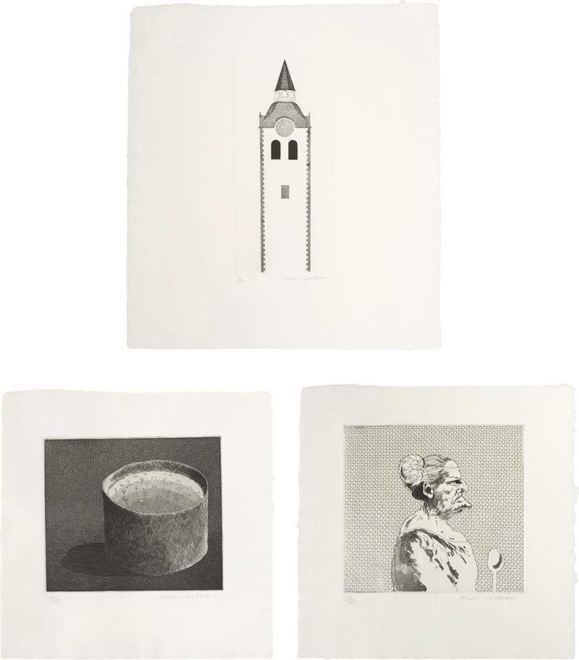 The Church Tower and the Clock, The Pot Boiling; and The Cook; plates 10, 8 and 7 from Illustrations for Six Fairy Tales from the Brothers Grimm by David Hockney