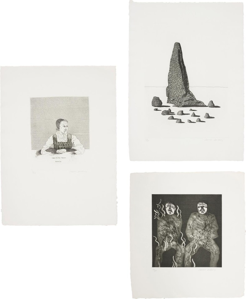 Catharina Dorothea Viehman; The Sexton Disguised as a Ghost Stood Still as Stone; and Corpses on Fire, plates 1, 21 and 22 from Illustrations for Six Fairy Tales from the Brothers Grimm by David Hockney